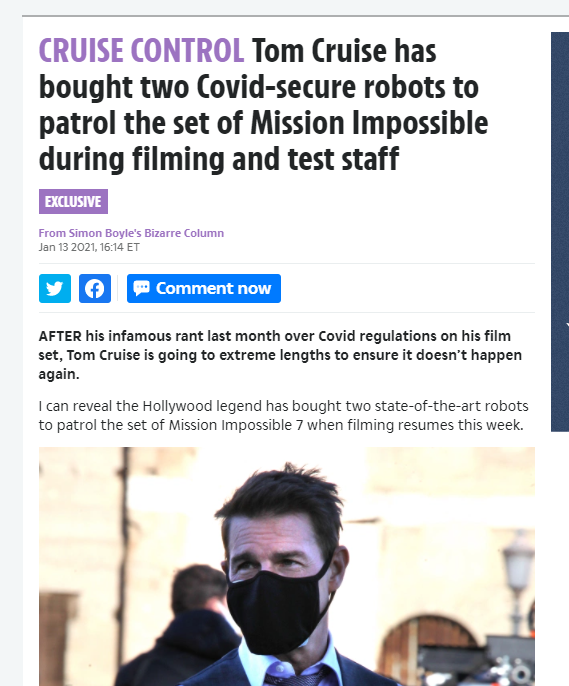 阿汤哥购买防疫机器人，监督《碟中谍7》片场防疫情况